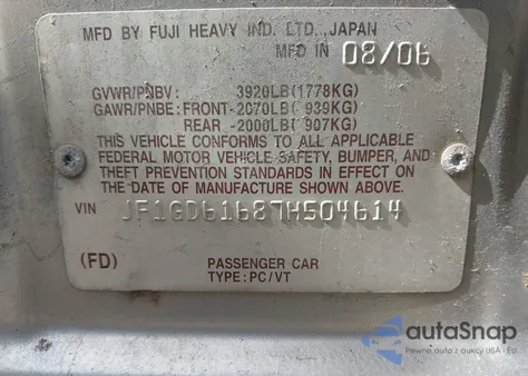 2007 Subaru Impreza 2.5I from USA, damaged, VIN JF1GD61687H504614